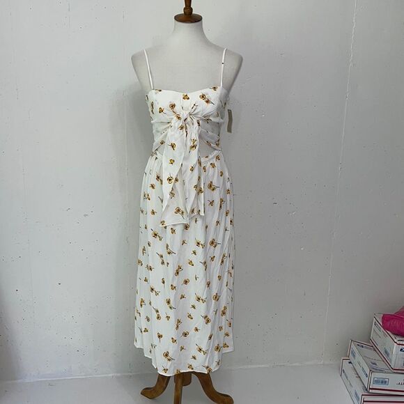 NWT FLYNN SKYE white yellow floral pattern tie front cutout midi sundress medium - Picture 1 of 7